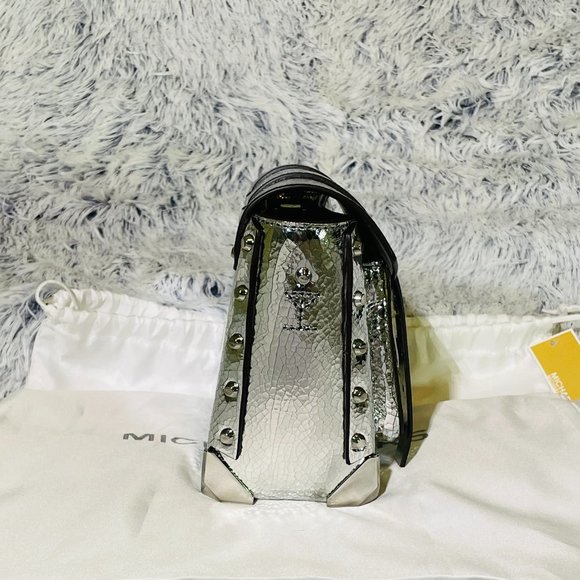 NWOT - MICHAEL KORS MANHATTAN SMALL SILVER CRACKLE LEATHER CROSSBODY(30T9TNCM1L) - Picture 4 of 9